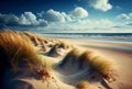 Sunny beach with sand dunes, dry grass and blue sky on the sunset. Generative AI Royalty Free Stock Photo