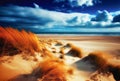 Sunny beach with sand dunes, dry grass and blue sky on the sunset. Generative AI Royalty Free Stock Photo