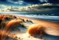 Sunny beach with sand dunes, dry grass and blue sky on the sunset. Generative AI Royalty Free Stock Photo