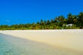 Sunny beach with white sand, coconut palm trees and turquoise sea. Summer vacation and tropical beach concept. Overwater at