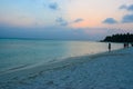 Sunny beach with white sand, coconut palm trees and turquoise sea. Summer vacation and tropical beach concept. Overwater at