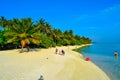 Sunny beach with white sand, coconut palm trees and turquoise sea. Summer vacation and tropical beach concept. Overwater at