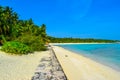 Sunny beach with white sand, coconut palm trees and turquoise sea. Summer vacation and tropical beach concept. Overwater at