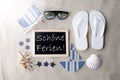 Sunny Blackboard On Sand, Schoene Ferien Means Happy Holidays Royalty Free Stock Photo