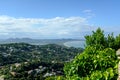 Sunny blue coastal landscape from a ruined rock fortress scenic view in Begur, Catalonia