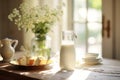 Sunny breakfast table with a bottle of milk, fresh bread, and a delicate vase with wildflowers on a linen cloth Royalty Free Stock Photo