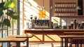 Sunlit Coffee Shop Interior with Espresso Machine and Tables Royalty Free Stock Photo