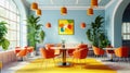 Modern Cafe Interior with Orange Chairs and Lush Plants Royalty Free Stock Photo