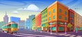 Sunny city street cartoon vector shop building Royalty Free Stock Photo