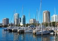 Saint Petersburg, Florida, skyline with sailboats in the foreground with beautiful reflections on the water