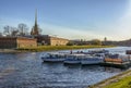 A sunny, cloudless spring day at the pier near the Peter and Paul Fortress. Saint-Petersburg, Russia Royalty Free Stock Photo