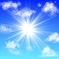 Sunny with clouds. Blue sky with white cloud and sun ray fluffy fog clouding isolated realistic vector banner Royalty Free Stock Photo