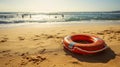 Sunny coastal retreat: A lifebuoy gently floating on a beach, with golden sands and rhythmic rolling waves
