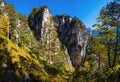 Sunny colorful autumn alpine scene. Peaceful rocky mountain view from hiking path, Upper Austria Royalty Free Stock Photo