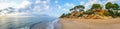 Sunny costa dorada panorama. Beautiful sea bay under clear blue sky. Spain Royalty Free Stock Photo