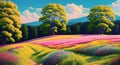 Sunny Countryside landscape of meadow garden of flowers in spring season painting AI Generated Royalty Free Stock Photo