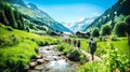 Sunny day in Alps, candid photo group of people hiking together in mountains, walking by river stream