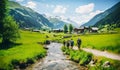 Sunny day in Alps, candid photo group of people hiking together in mountains, walking by river stream Royalty Free Stock Photo