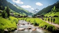 Sunny day in Alps, candid photo group of people hiking together in mountains, walking by river stream Royalty Free Stock Photo