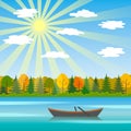 A sunny day is an autumn landscape with a lake and a boat in the background of a forest