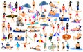 Sunny day on the beach illustration over 50 people characters.