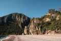 Cirali nature panorama. Virgin beach, green mountains, skyline.