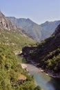 Sunny day in canyon Moraca, Montenegro. River and deep canyon. Nature scenery