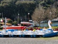 on a sunny day the colorful catamarans for hire for exploring the river and moored to the shore