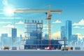 Sunny day construction site with modern office building and crane constructing mirrored facade Royalty Free Stock Photo