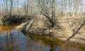 .A sunny day in early spring with clear blue skies, the banks of a small river overgrown with last year`s grass Royalty Free Stock Photo