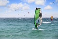 Practice of kitesurf and windsurf in Tarifa coast.