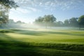 On a sunny day, a foggy golf course emerges with its lush greens and golfers navigating through the misty atmosphere, A misty Royalty Free Stock Photo