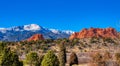 Sunny day at Garden of the Gods with Pikes Peak and Kissing Camels Royalty Free Stock Photo