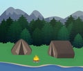 Sunny day landscape, campfire, mountains, forest and water. Background for summer camp, nature tourism, camping or hiking design c Royalty Free Stock Photo