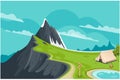 Sunny day landscape illustration in flat style with tent, campfire, mountains, forest and water Royalty Free Stock Photo