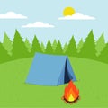 Sunny day landscape illustration in flat style with tent, campfire, mountains, forest and water. Background for summer camp, Royalty Free Stock Photo