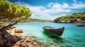 Sunny Day In Menorca: A Mediterranean-inspired Wooden Boat On The Coast
