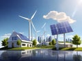 a sunny day in a modern urban landscape, where houses are adorned with solar panel Royalty Free Stock Photo
