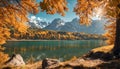 Sunny day in the Mountains. amazing view of lake With autumn trees