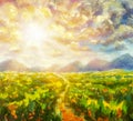 Sunny day in mountains oil painting. Positive art Sun rays dawn sunset on green field in mountains Royalty Free Stock Photo