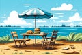 Sunny Day Picnic by the Water. Beach Umbrella, Relaxing Chairs, and Delicious Hamburgers Royalty Free Stock Photo