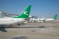 Sunny day on the platform of the new international terminal of Ashgabat airport Royalty Free Stock Photo