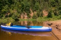 Sunny day on the river, stand up board on the river bank, tree reflections in the water, blue sky reflected in the river water Royalty Free Stock Photo