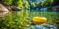 A sunny day\'s floatation device in a serene river setting, surrounded by lush greenery and tranquil waters. Generative AI Royalty Free Stock Photo