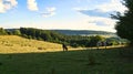 A sunny day in the Saarland with a view over meadows into the valley. Cow in the meadow Royalty Free Stock Photo