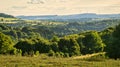 A sunny day in the Saarland with a view over meadows into the valley Royalty Free Stock Photo