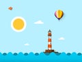 Sunny Day On Sea. Vector Flat Design Ocean Landscape With Lighthouse, Sun, Bird And Hot Air Balloon