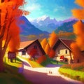 Sunny day in village house with road and orange autumn trees. Cartoon picture Royalty Free Stock Photo