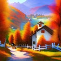 Sunny day in village house with road and orange autumn trees. Cartoon picture Royalty Free Stock Photo