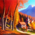 Sunny day in village house with road and orange autumn trees. Cartoon picture Royalty Free Stock Photo